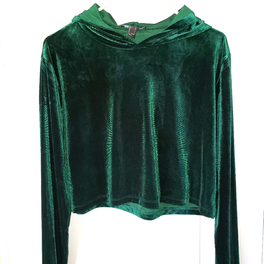 Green velvet crop hoodie